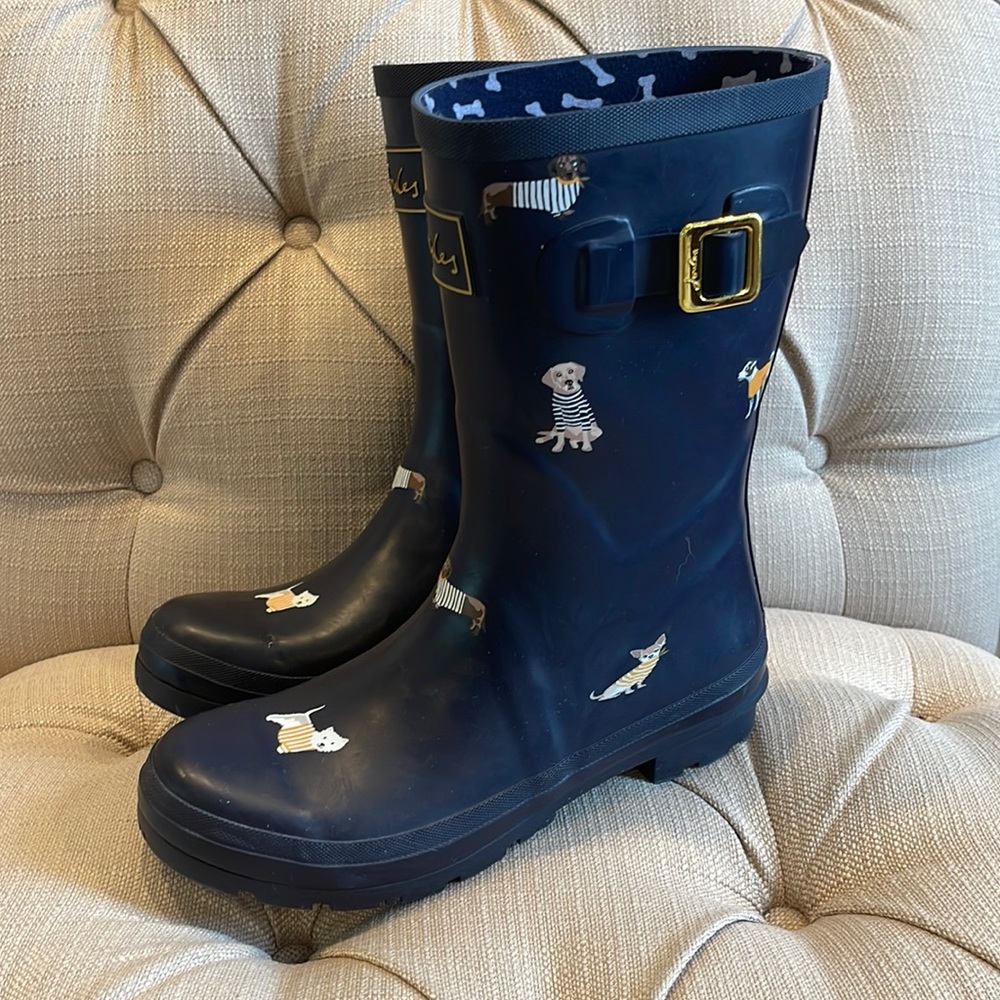 Molly Mid Height sweater dressed doggie Printed Rain Boots Size 8 Navy